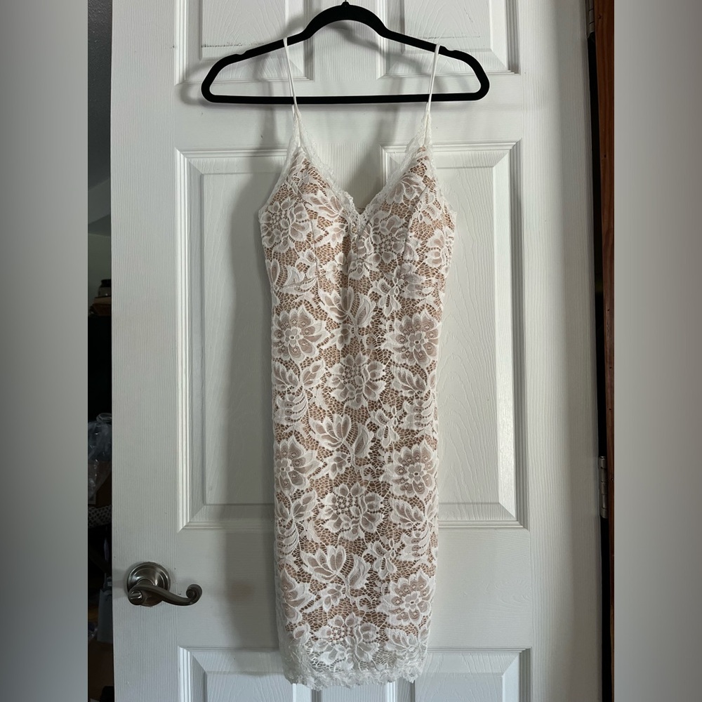 hello miss White Lace Midi Slip Dress with Nude Lining
